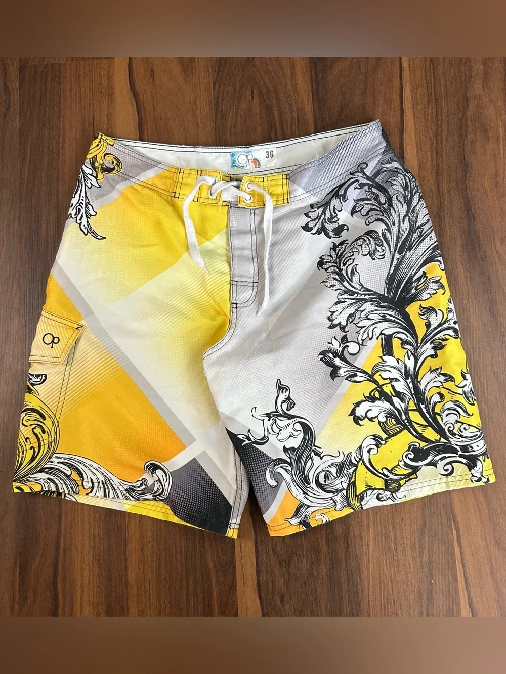 Vintage Y2K OP Men’s Yellow & Gray Baroque-Print Swim Shorts